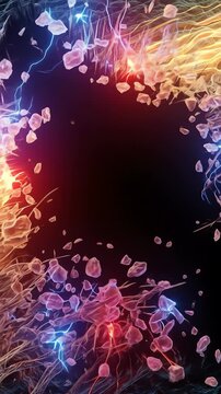 Abstract digital artwork featuring vibrant, colorful, swirling patterns forming a circular frame against a dark background.
