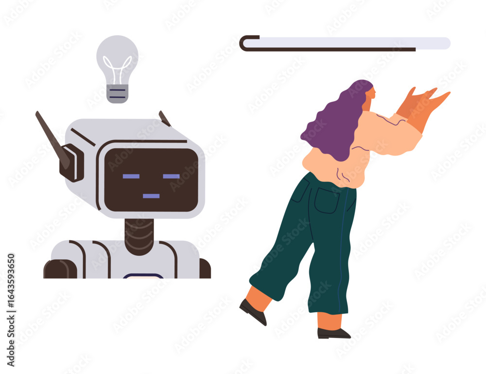 Poster robot with lightbulb symbolizing innovation, human pushing progress bar forward. ideal for tech, tea