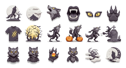 Obraz premium Halloween Icons Set of Howling Halloween A 3D ClayStyle Icon Set of Werewolves and Spooky Fun. Vector Illustrations. EPS Editable