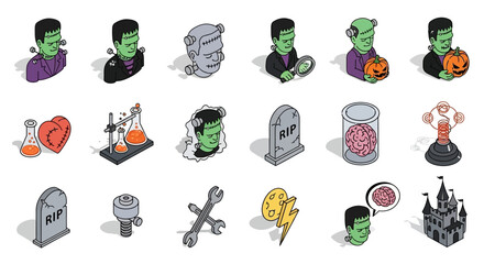 Fototapeta premium Halloween Icons Set of Isometric Frankensteins Monster Icon Set with Spooky Lab and Halloween Elements. Vector Illustrations. EPS Editable