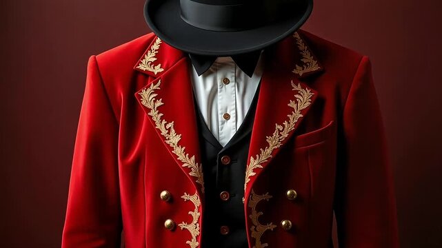Dapper ringmaster commands attention in vibrant red tailcoat and top hat, ready for showtime performance