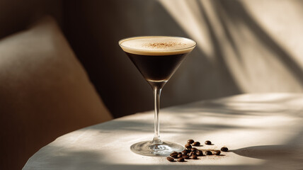 Close Up Espresso Martini Cocktail in Elegant Glass on Beige Background with Coffee Beans
