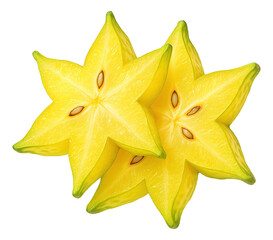 Fototapeta premium Sliced starfruit with seeds and tiny droplets of juice.