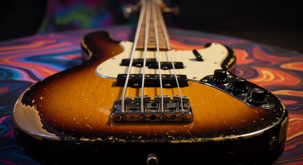 Vintage bass guitar close-up on colorful surface