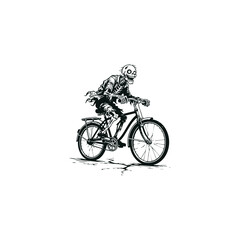 Fototapeta premium engraving style logo depicts a zombie riding a bicycle with dynamic detail and edgy character