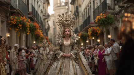Fototapeta premium Elegant Woman in Ornate Gown Leading La Mare de Déu de la Salut Festival Parade in Historic Spanish City Streets