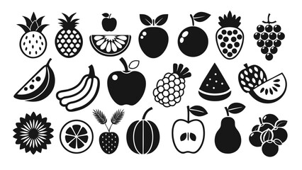 Vector art of a collection of black and white fruit icons including apples, pineapples, pears, oranges, kiwis, watermelons, grapes, strawberries, and plums, isolated on white background