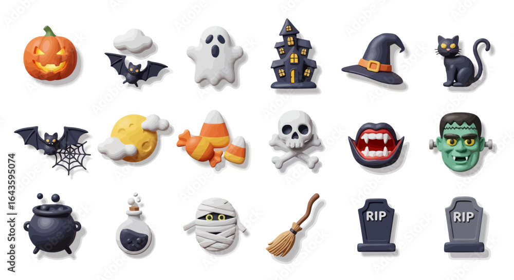 Poster halloween icons set of playful 3d halloween icon set with soft shadows and a cute claymation style. 