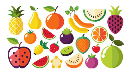 Vector art of a cheerful assortment of stylized fruits like apples, pears, oranges, strawberries, pineapples, kiwis, and plums, presented on a clean white background