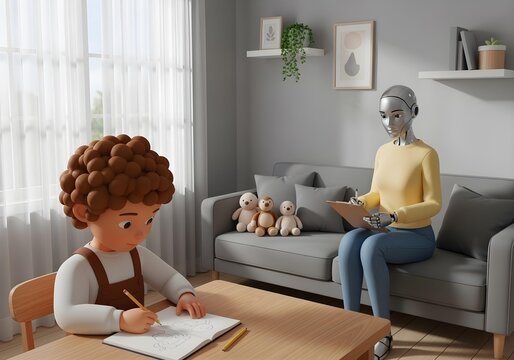 3d cartoon Autistic child boy drawing during autism therapy session observed by robot therapist for neurodiversity awareness early intervention and assistive AI inclusion support