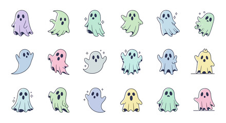 Fototapeta premium Halloween Icons Set of Set of Cute Kawaii Ghosts in Pastel Colors Spooky Halloween Character Illustrations. Vector Illustrations. EPS Editable