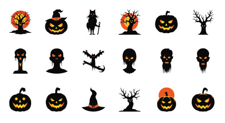 Halloween Icons Set of Sinister Halloween Silhouette Collection Glowing Pumpkins Ghouls and Spooky Trees. Vector Illustrations. EPS Editable