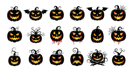 Fototapeta premium Halloween Icons Set of Sinister Collection of Black Halloween Pumpkins with Glowing Evil Faces and Spooky Details. Vector Illustrations. EPS Editable