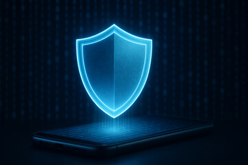 A glowing blue shield icon hovers above a smartphone, symbolizing digital security and protection against cyber threats.