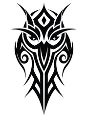 Fototapeta premium Stylized Tribal Owl Tattoo Design Depicting Wisdom and Mystery in Bold Black Ink on a White Background