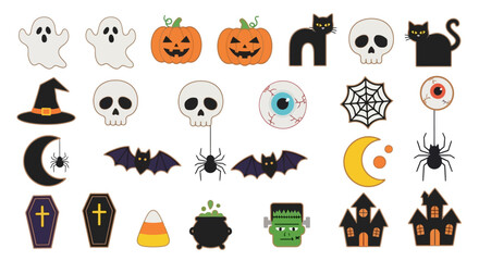 Obraz premium Halloween Icons Set of Spooky Cute Halloween Icon Collection A Festive Assortment of Cartoon Symbols. Vector Illustrations. EPS Editable