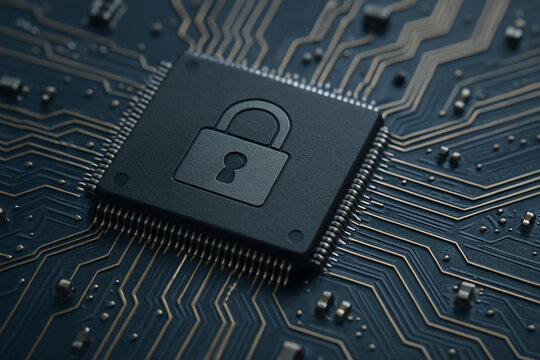 A close-up of a microchip featuring a padlock symbol, representing cybersecurity and data protection in technology.