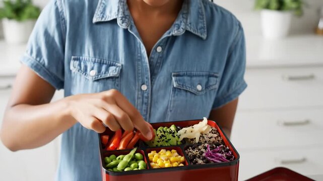 Vegan Bento Box Meal Prep - Close-up of a person using chopsticks to eat a colorful and healthy vegan bento box filled with various plant-based ingredients.
