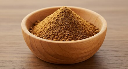 An image of a heaping scoop of ground brown spice in a natural wood bowl, placed on a dark table