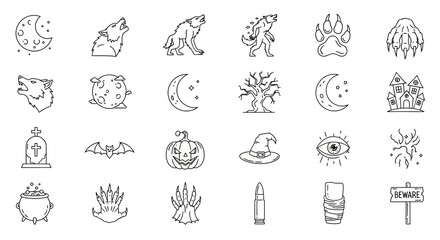 Halloween Icons Set of Spooky Werewolf Lore and Halloween Night Line Art Icon Set. Vector Illustrations. EPS Editable