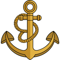 Classic golden ship anchor with a thick rope wrapped around its shank and fluke