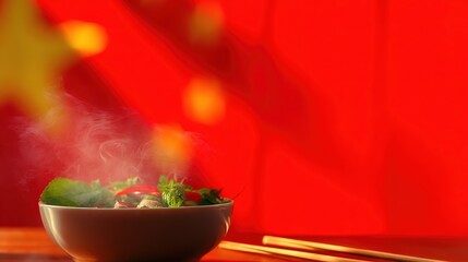 Traditional pho bowl with fresh herbs and chili, steam rising against blurred red flag, golden chopsticks nearby.
