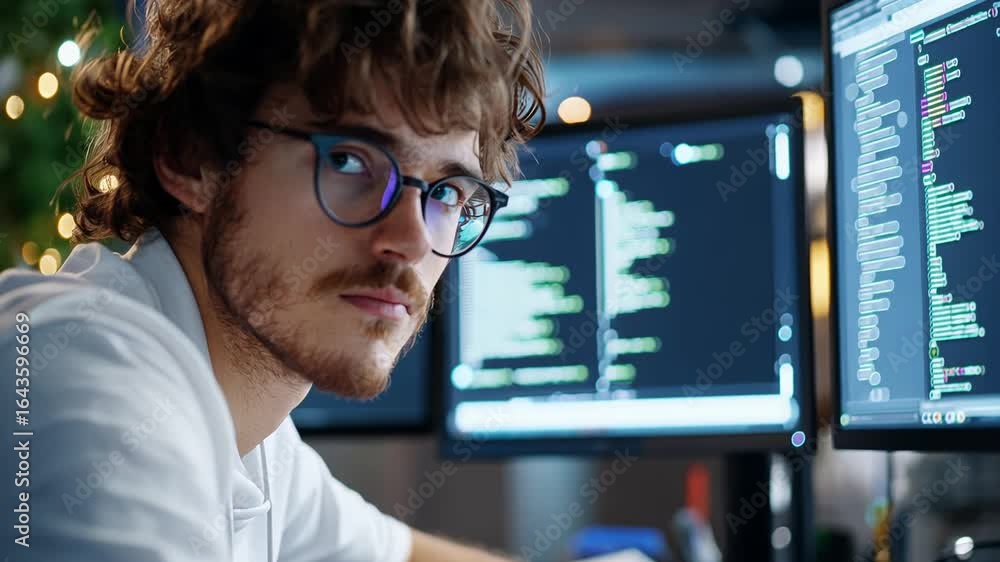 Poster focused programmer working on code in modern office environment