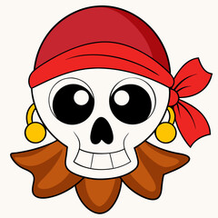Friendly cartoon skull character wearing a red bandana and gold earring with a brown scarf