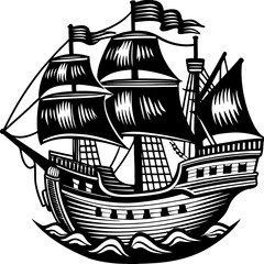 Stylized black and white illustration of a majestic tall ship sailing on wavy seas