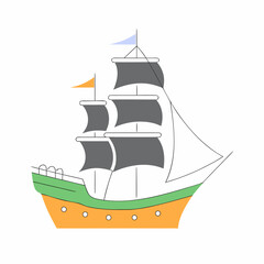 Stylized illustration of a colorful sailing ship with dark sails and flags on a white background