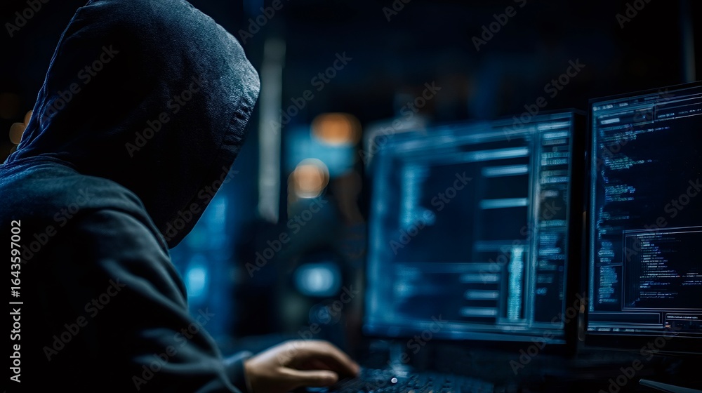 Poster hacker breaking server security in dark room