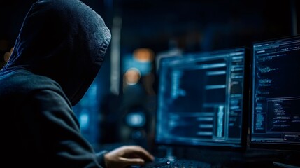 Hacker breaking server security in dark room