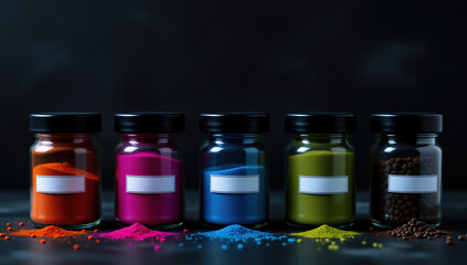 Row of five glass jars with colorful spices powders in commercial style, in orange, magenta, blue, and green colors, representing art supplies, food coloring, or cosmetic pigments for sale,copy space