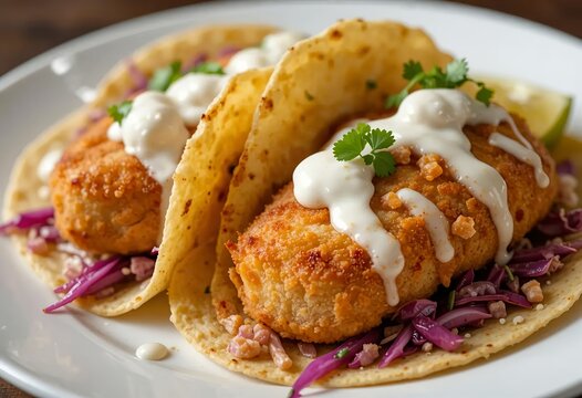 Fish tacos with crispy battered fish, red cabbage slaw, creamy sauce, high detail, perfect sharpness.