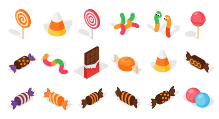 Halloween Icons Set of Vibrant Isometric Halloween Candy Collection with Lollipops and Gummy Worms. Vector Illustrations. EPS Editable