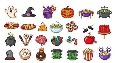 Halloween Icons Set of Vibrant Retro Halloween Pixel Art Set with Spooky Treats and Monsters. Vector Illustrations. EPS Editable