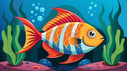 Naklejka premium Vector art of a striking orange and blue striped fish gracefully swims through a deep blue underwater world, surrounded by green aquatic plants and scattered pebbles