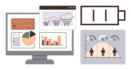Computer screen displaying pie chart, bar graph, shopping cart trend, demographic visualization, and battery icon. Ideal for analytics, business insights, market trends, performance metrics resource