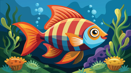 Vector art of a vibrant and colorful striped fish swims gracefully through a lively underwater scene filled with aquatic plants and bubbles, creating a cheerful and serene marine environment