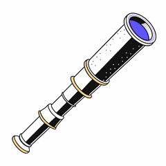 Vintage style spyglass telescope with blue lens and black and white barrel on a white background