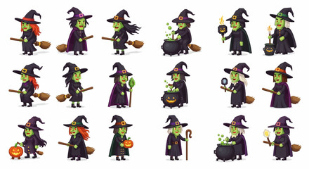 Fototapeta premium Halloween Icons Set of A Coven of Stylized Green Witches Halloween Character Design Set. Vector Illustrations. EPS Editable