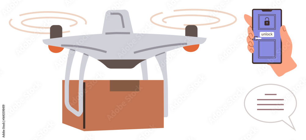 Aufkleber drone carrying package in flight, controlled by phone with unlock function. ideal for delivery, tech