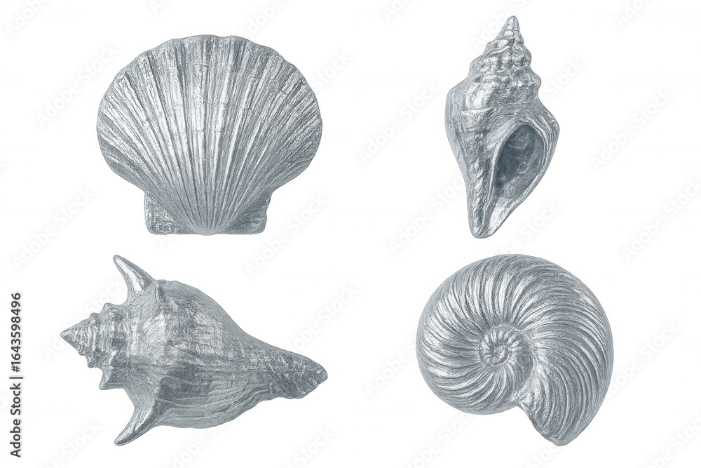 Poster four elegant silver seashells forming a stylish composition with intricate textures and patterns on 