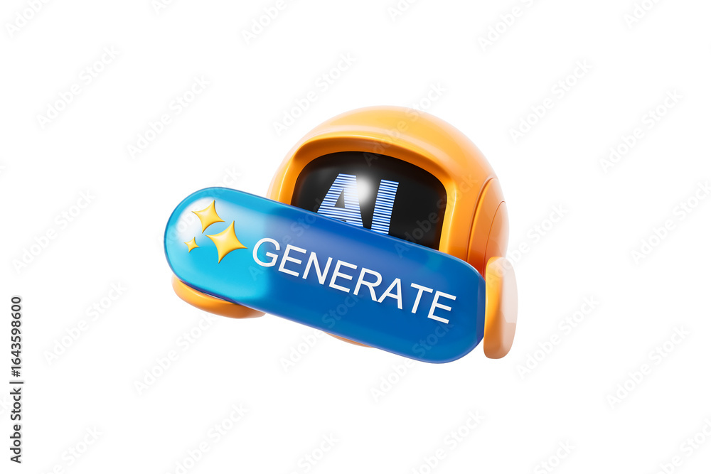 Poster cute robot head with a digital ai screen and a shiny blue generate button featuring sparkles, 3d ren