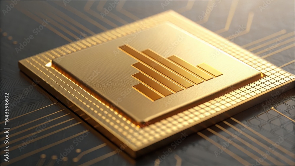 Poster close-up of embossed microchip with bar graph design and patterns