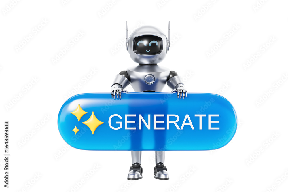 Poster cute silver robot smiling while holding a glossy blue generate button with sparkles, isolated on whi