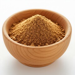 A simple composition of a natural wood bowl holding a finely ground, brown culinary ingredient