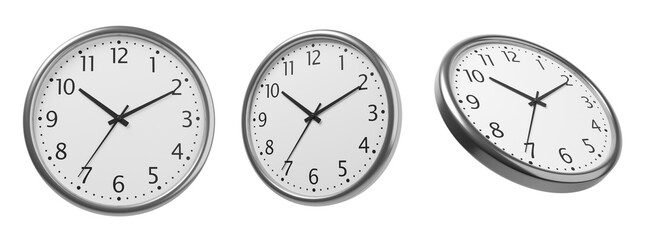 Three silver-framed wall clocks showing the same time, displayed from different angles, isolated on transparent background, modern time concept, 3D Rendering