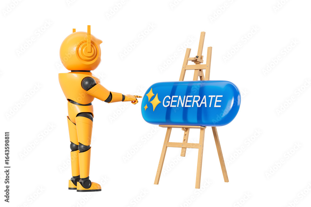 Poster orange humanoid robot pointing at a large glossy blue generate button mounted on a wooden easel, iso