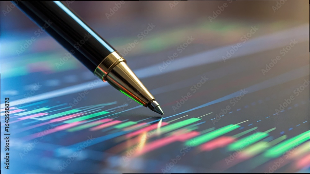 Poster pen on glossy financial report with chart and data visualization